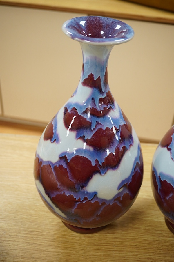 A pair of Chinese flambé pear shaped vases, 36cm. Condition - good, feint crazing